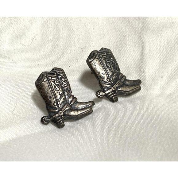 Vintage Silver Texas Cowboy Cowgirl Boot Earrings Studs Post Metal - Picture 2 of 5